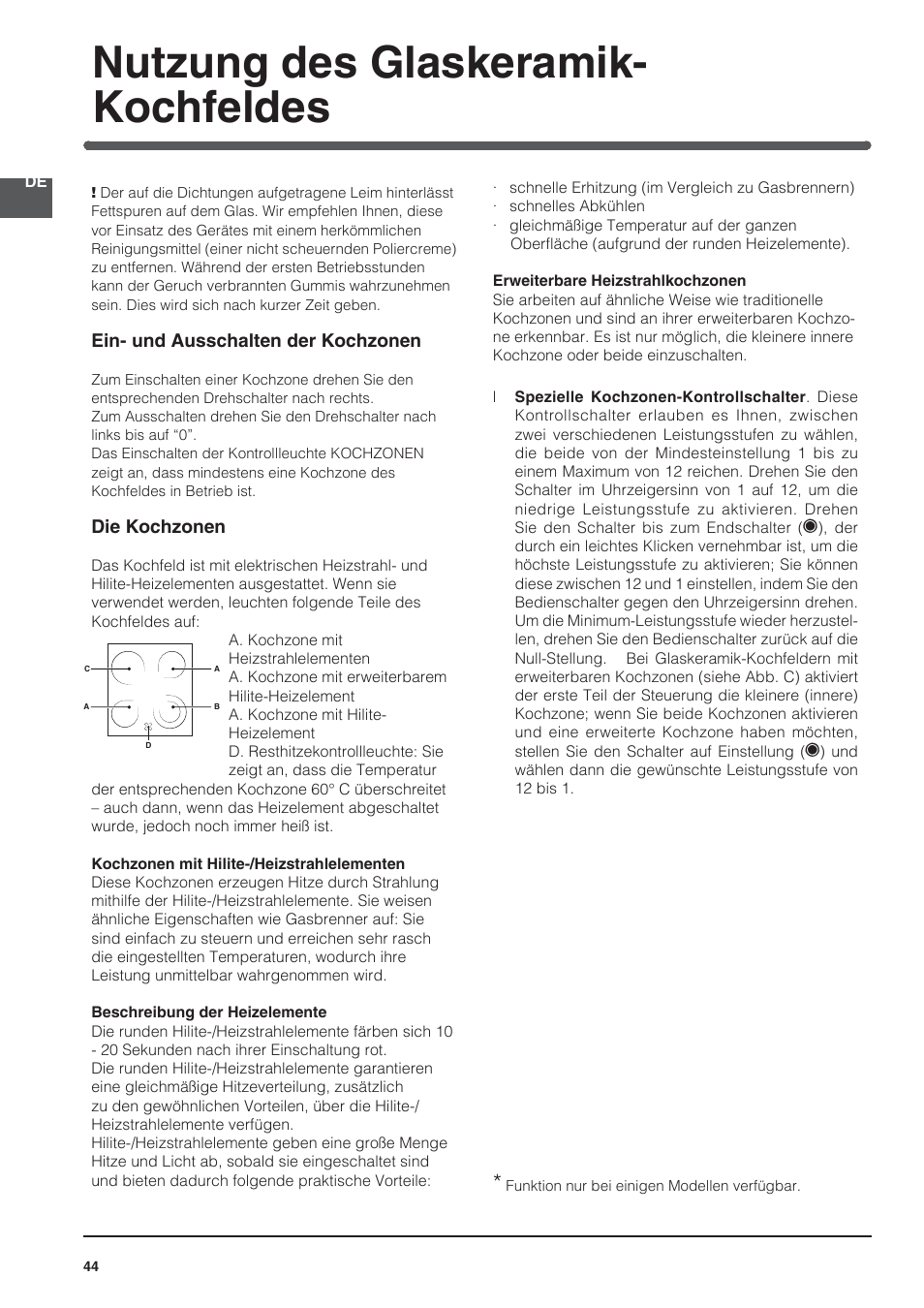 Nutzung des glaskeramik- kochfeldes | Indesit KN3C76A User Manual | Page 44 / 60