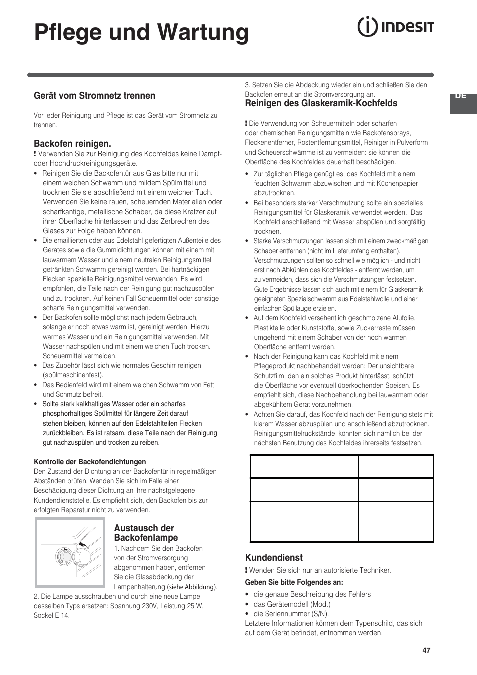 Pflege und wartung, Gerät vom stromnetz trennen, Backofen reinigen | Austausch der backofenlampe, Reinigen des glaskeramik-kochfelds, Kundendienst | Indesit KN3C76A User Manual | Page 47 / 60