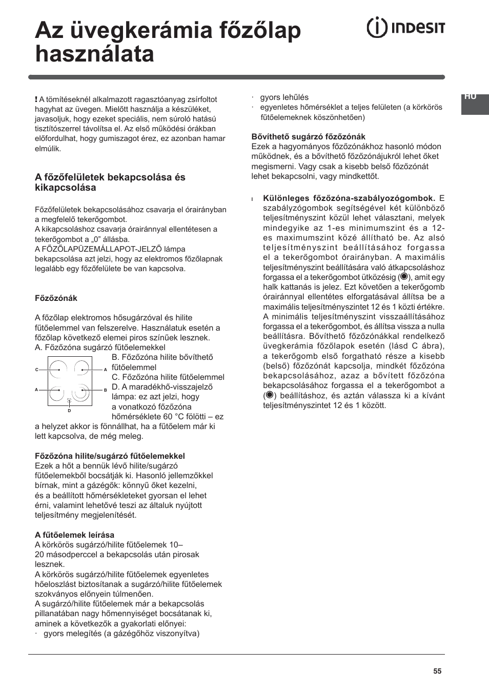 Az üvegkerámia főzőlap használata | Indesit KN3C76A User Manual | Page 55 / 60