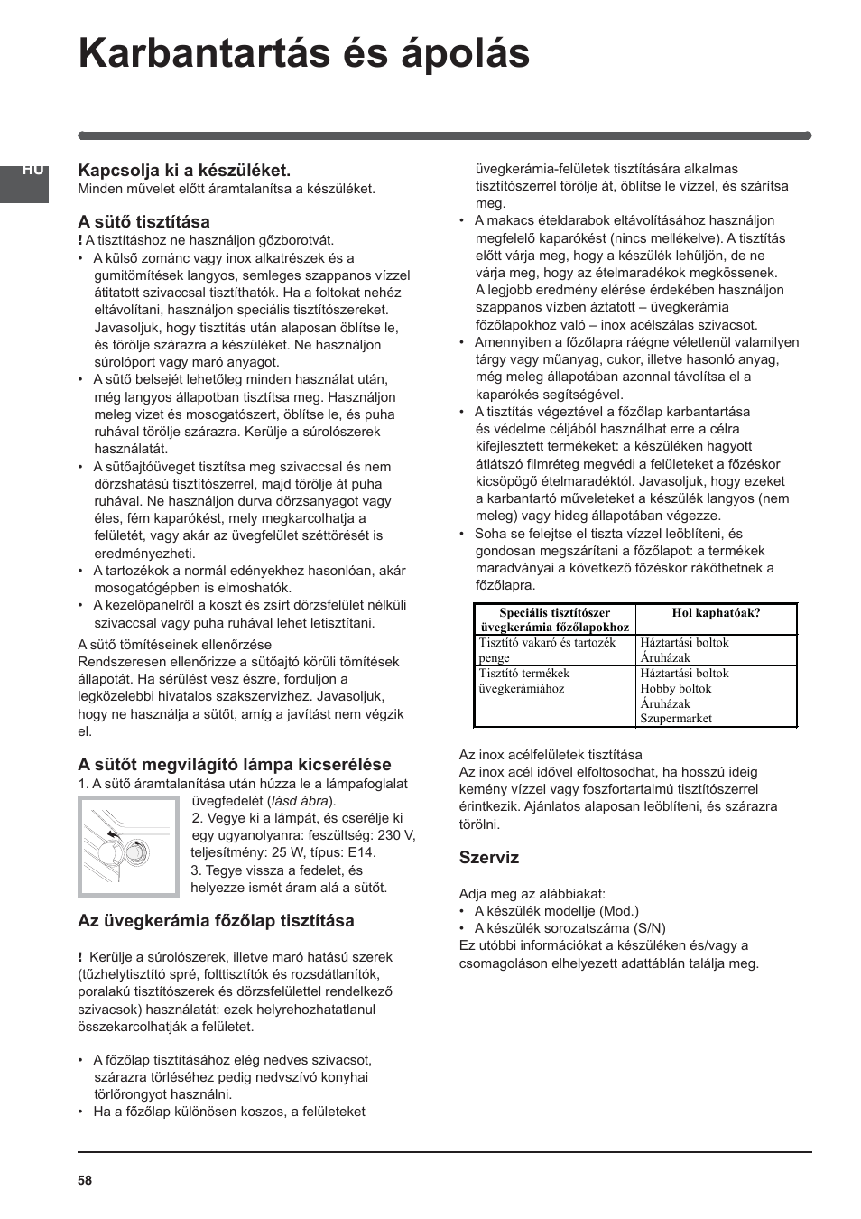 Karbantartás és ápolás | Indesit KN3C76A User Manual | Page 58 / 60