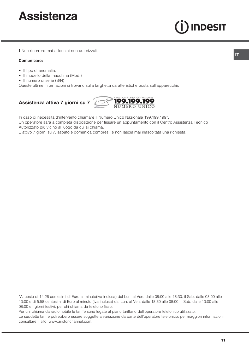 Assistenza | Indesit KN6C61A User Manual | Page 11 / 64