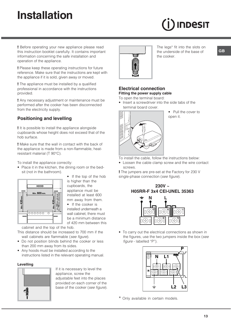 Installation, Positioning and levelling, Electrical connection | Indesit KN6C61A User Manual | Page 13 / 64