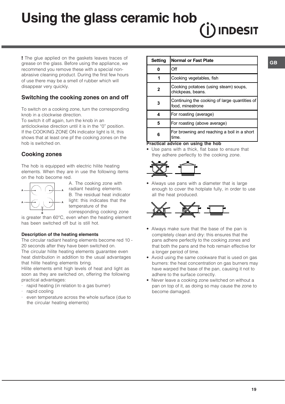 Using the glass ceramic hob, Switching the cooking zones on and off, Cooking zones | Indesit KN6C61A User Manual | Page 19 / 64