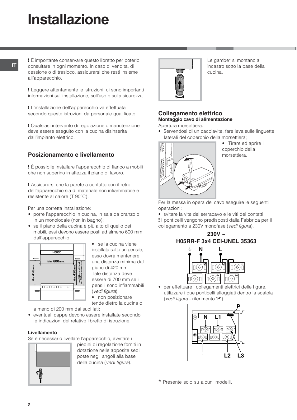 Installazione, Posizionamento e livellamento, Collegamento elettrico | Nl2 l1 l3 p | Indesit KN6C61A User Manual | Page 2 / 64