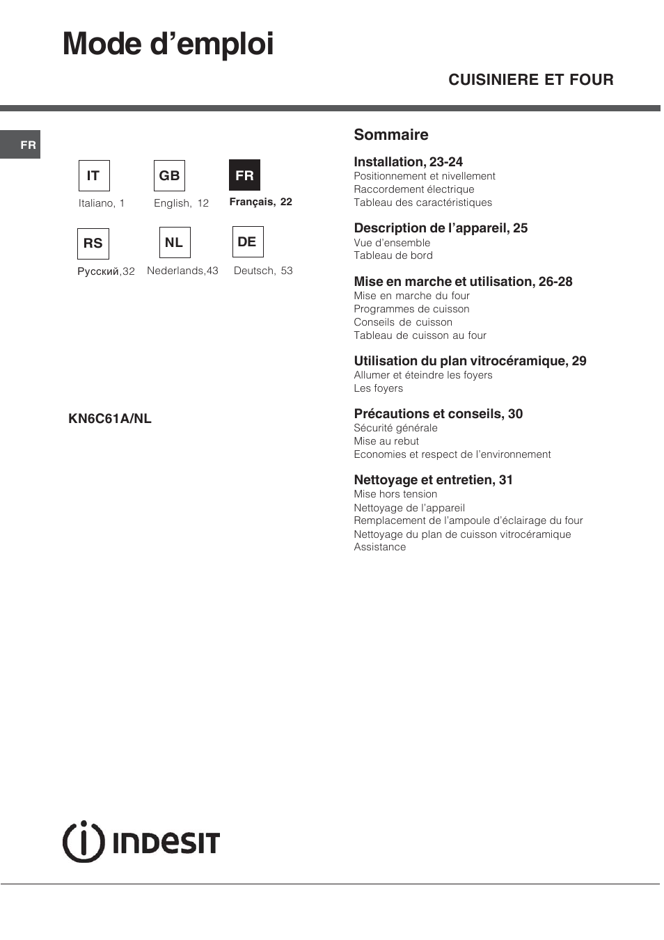 Mode d’emploi, Sommaire, Cuisiniere et four | Indesit KN6C61A User Manual | Page 22 / 64