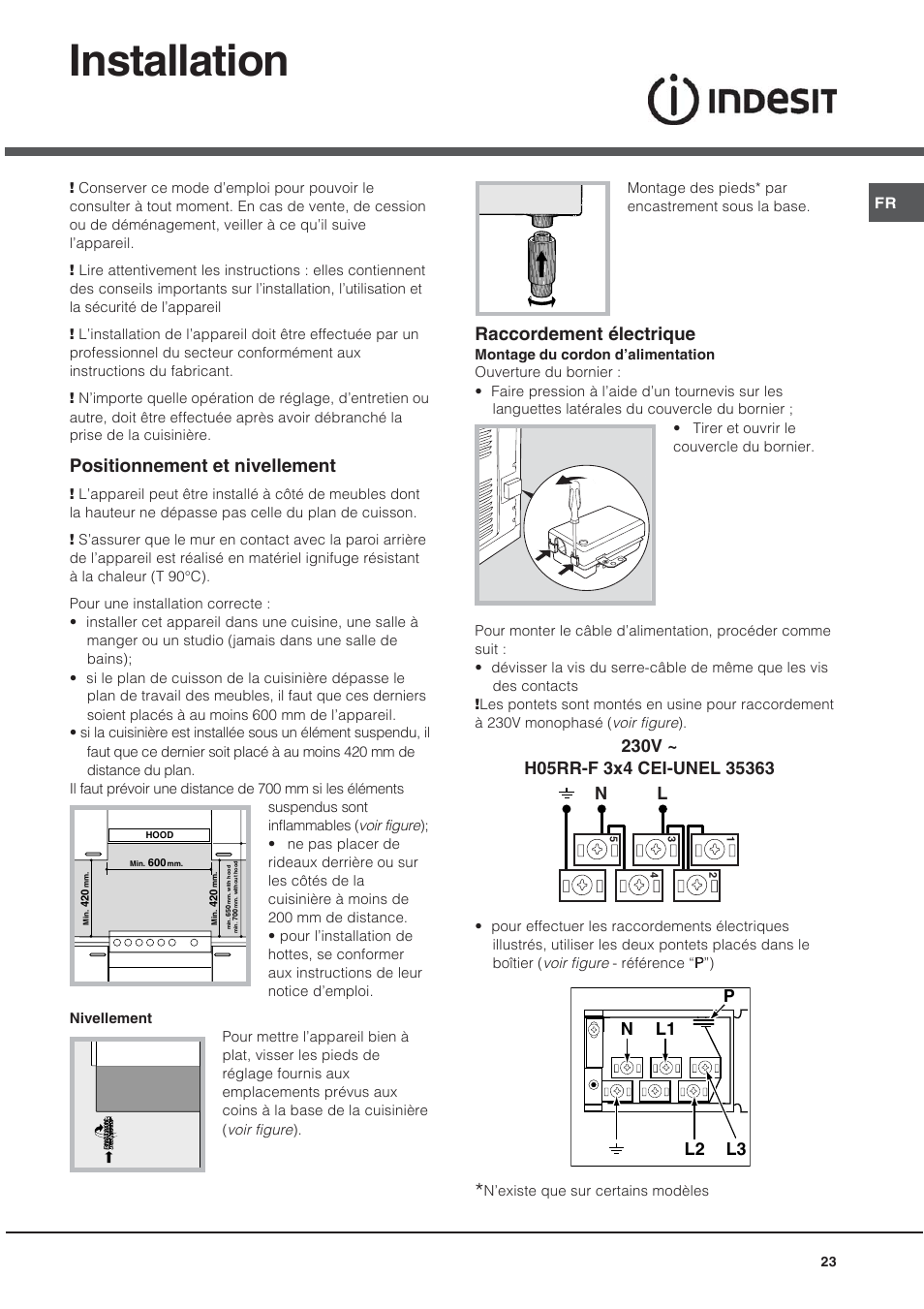 Installation, Positionnement et nivellement, Raccordement électrique | Indesit KN6C61A User Manual | Page 23 / 64