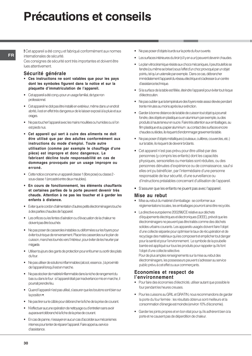 Précautions et conseils, Sécurité générale, Mise au rebut | Economies et respect de l’environnement | Indesit KN6C61A User Manual | Page 30 / 64