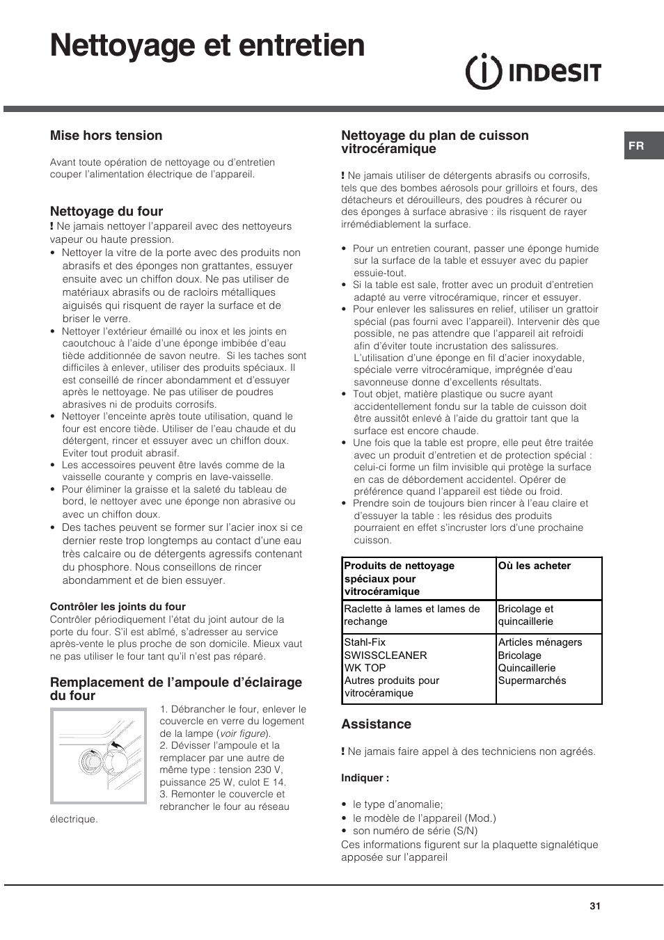 Nettoyage et entretien, Mise hors tension, Nettoyage du four | Remplacement de l’ampoule d’éclairage du four, Nettoyage du plan de cuisson vitrocéramique, Assistance | Indesit KN6C61A User Manual | Page 31 / 64