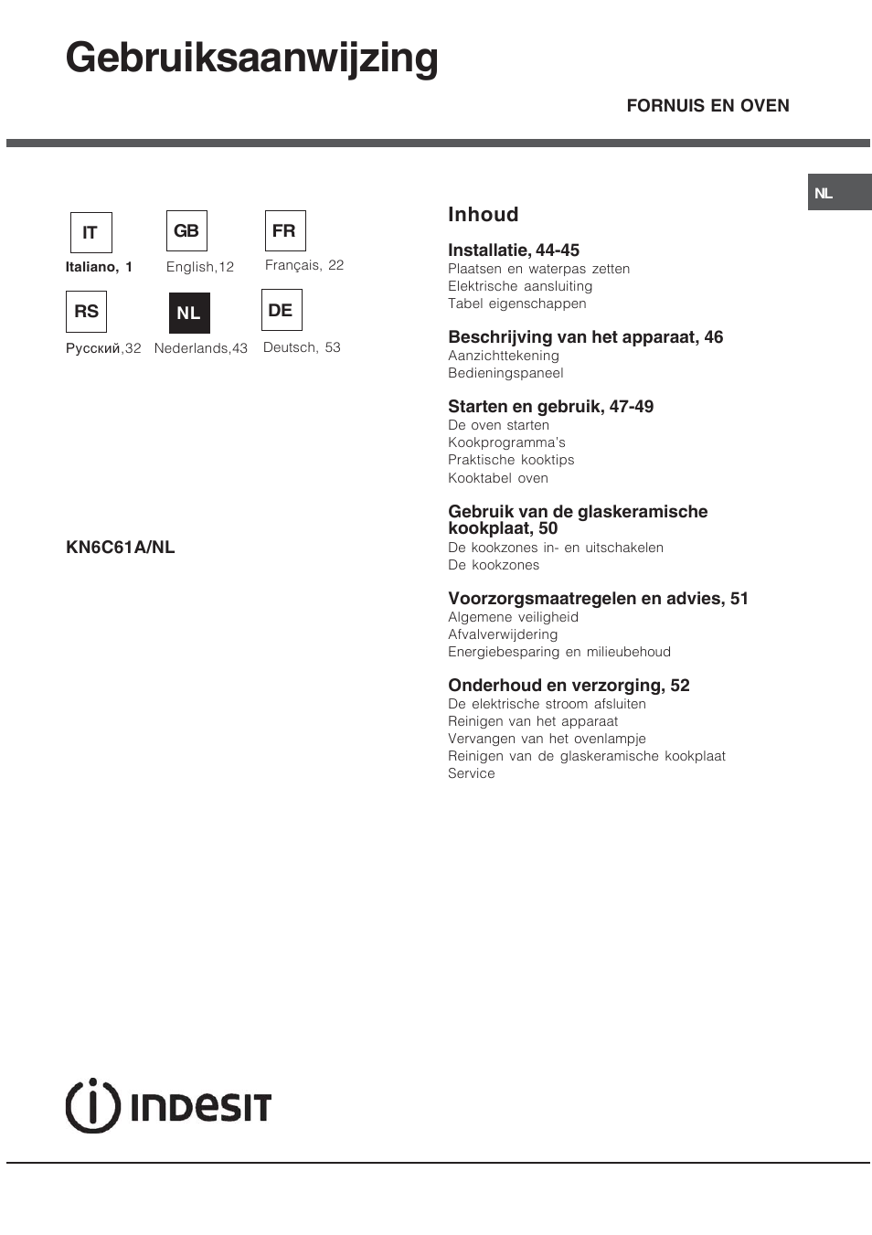 Gebruiksaanwijzing, Inhoud | Indesit KN6C61A User Manual | Page 43 / 64
