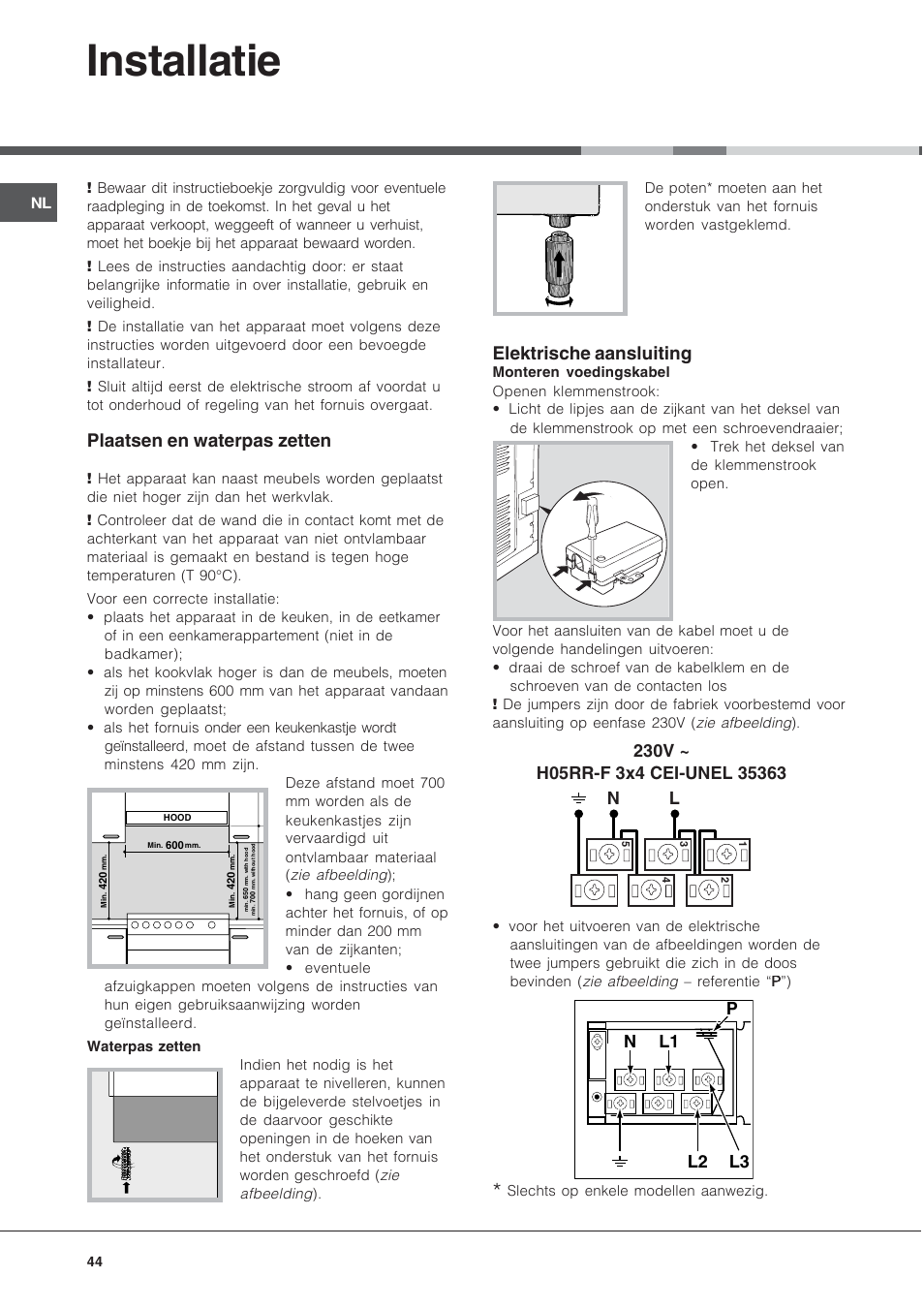 Installatie, Plaatsen en waterpas zetten, Elektrische aansluiting | Indesit KN6C61A User Manual | Page 44 / 64