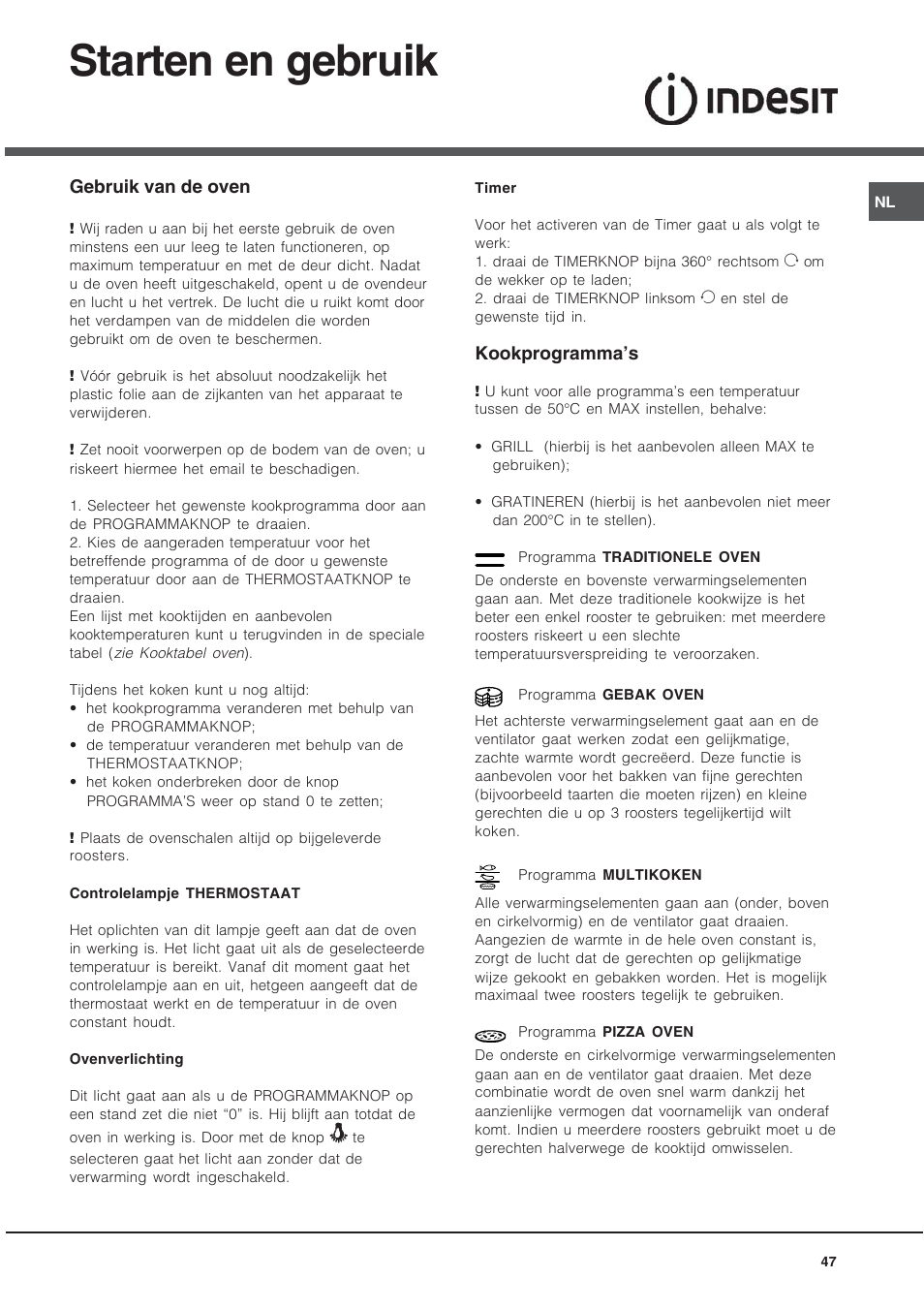 Starten en gebruik | Indesit KN6C61A User Manual | Page 47 / 64