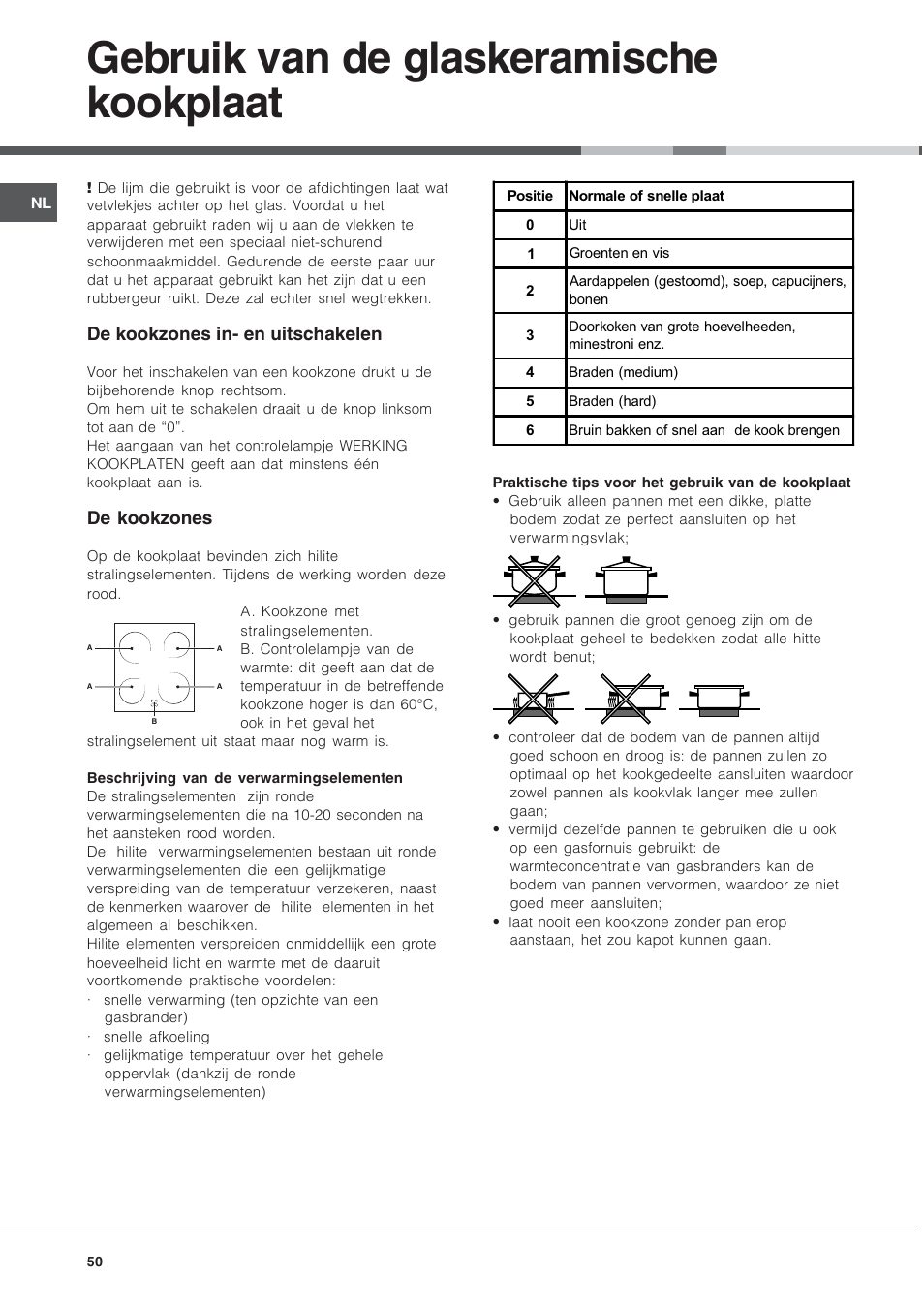 Gebruik van de glaskeramische kookplaat | Indesit KN6C61A User Manual | Page 50 / 64