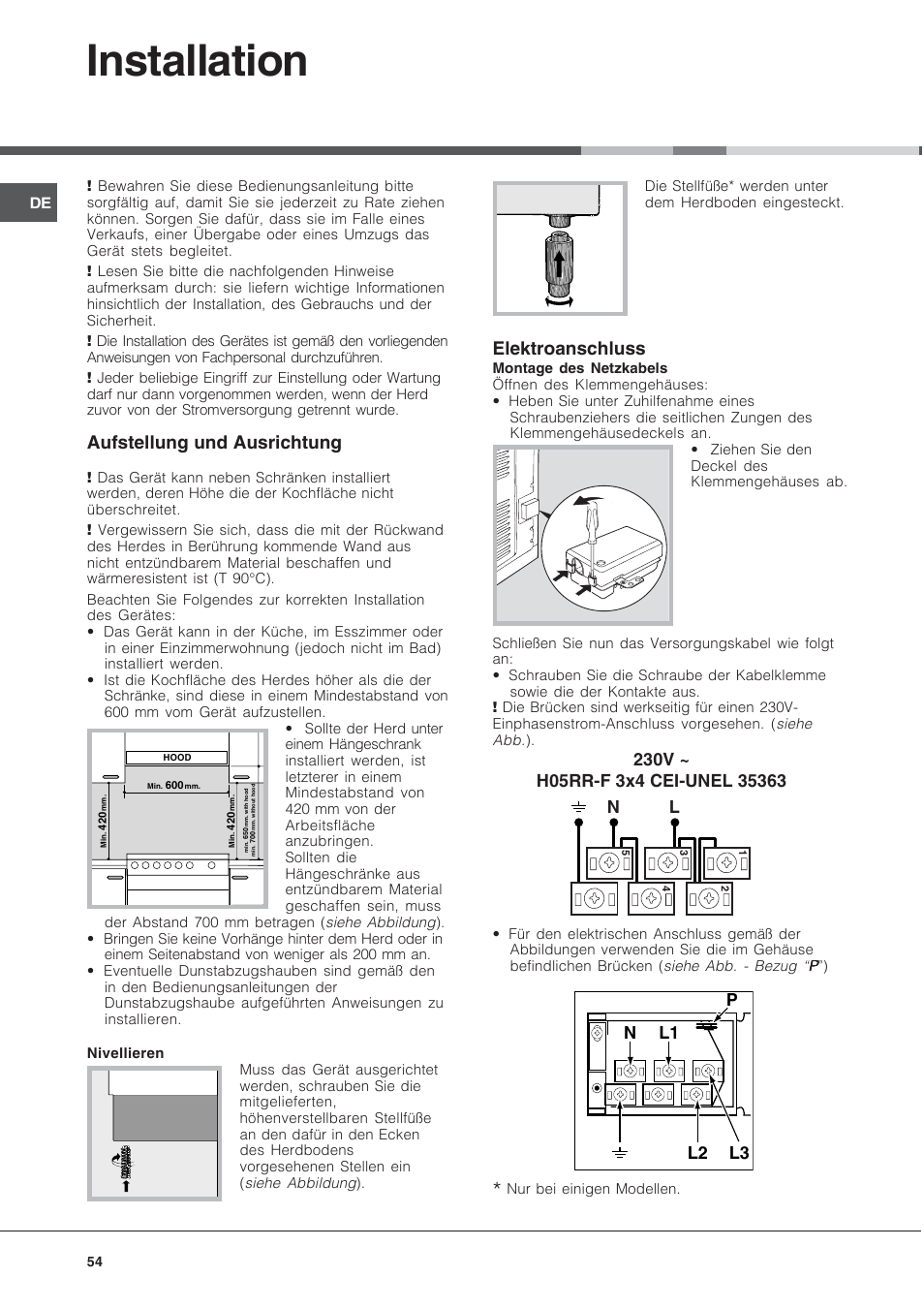 Installation, Aufstellung und ausrichtung, Elektroanschluss | Indesit KN6C61A User Manual | Page 54 / 64