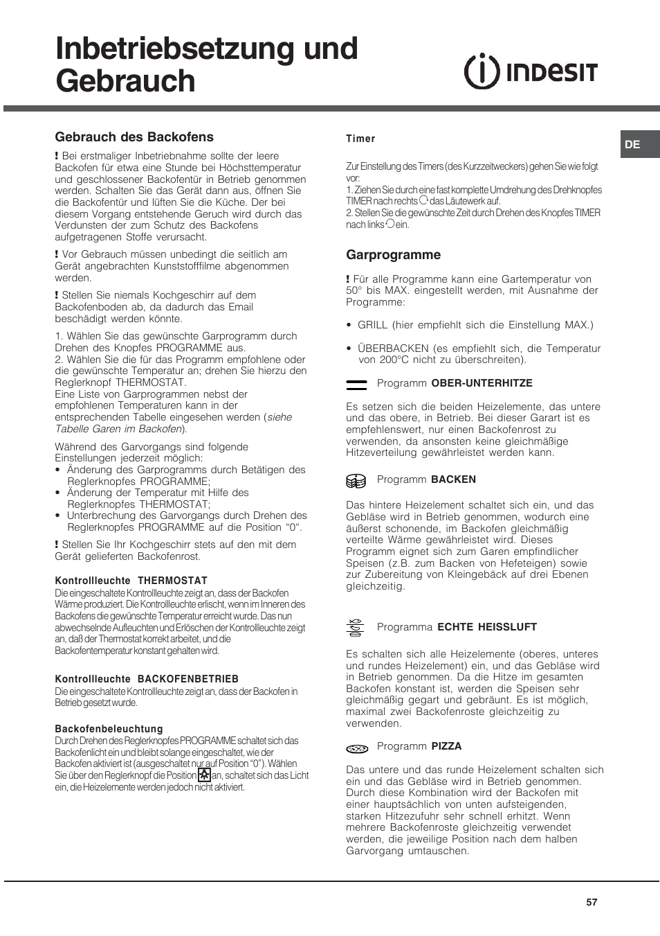 Inbetriebsetzung und gebrauch | Indesit KN6C61A User Manual | Page 57 / 64