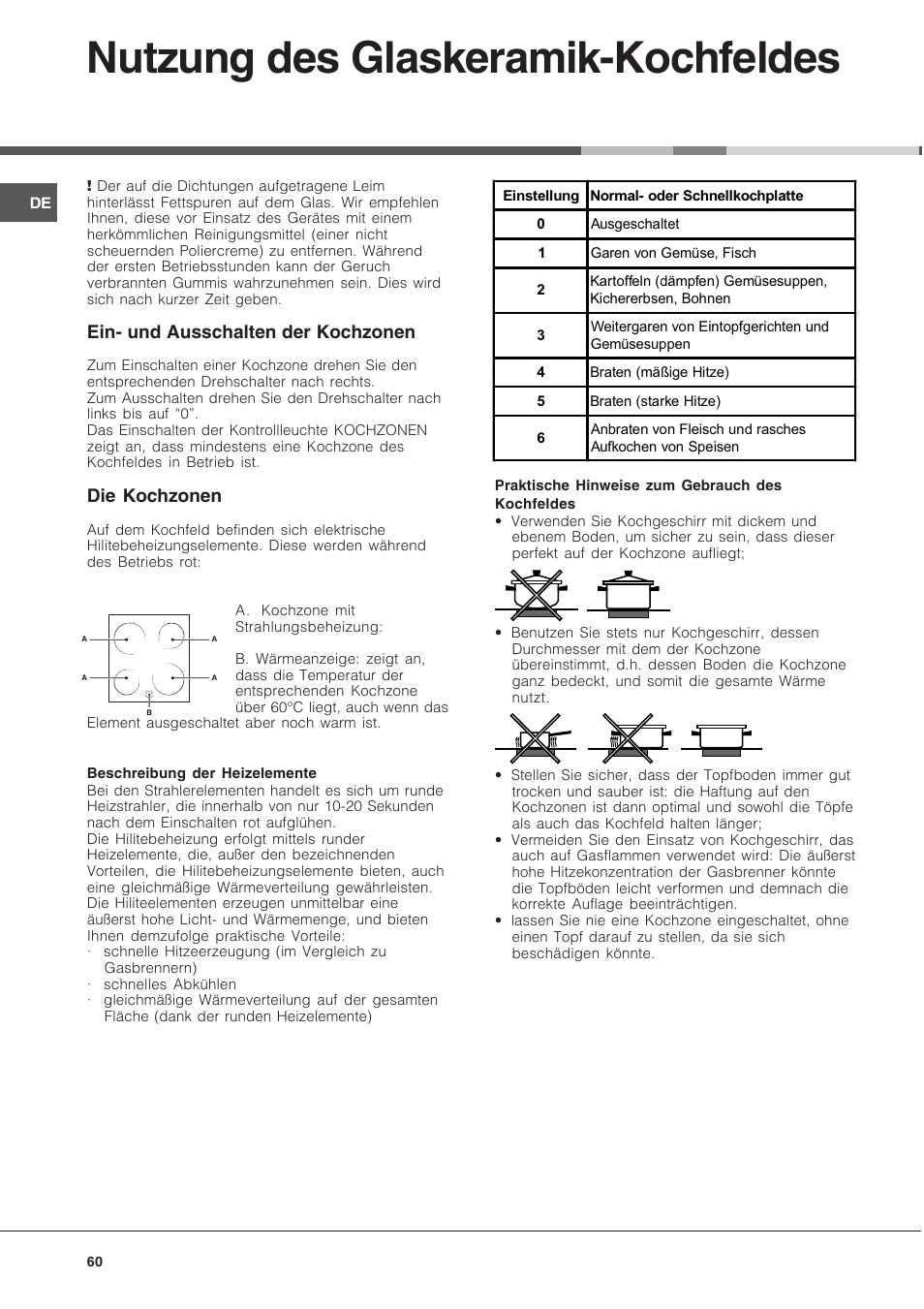 Nutzung des glaskeramik-kochfeldes, Ein- und ausschalten der kochzonen, Die kochzonen | Indesit KN6C61A User Manual | Page 60 / 64