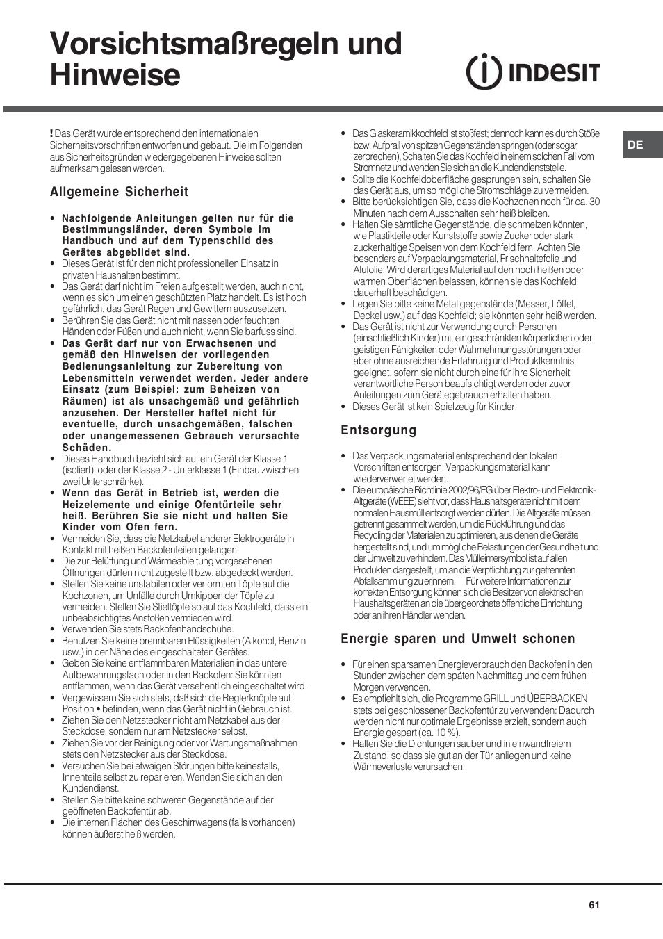 Vorsichtsmaßregeln und hinweise | Indesit KN6C61A User Manual | Page 61 / 64