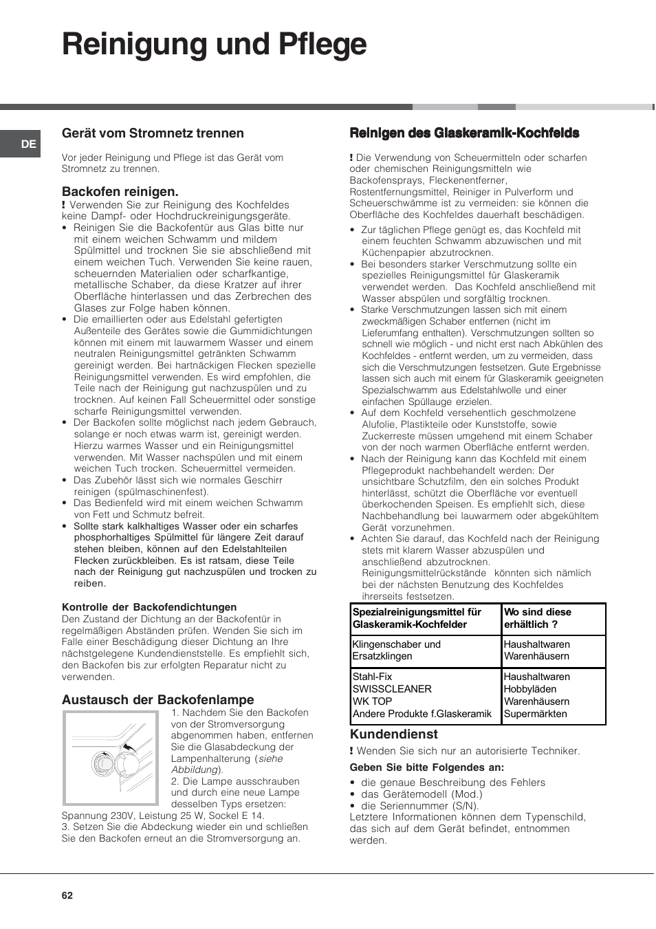 Reinigung und pflege, Gerät vom stromnetz trennen, Backofen reinigen | Austausch der backofenlampe, Reinigen des glaskeramik-kochfelds, Kundendienst | Indesit KN6C61A User Manual | Page 62 / 64