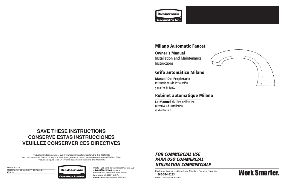 Rubbermaid Milano Automatic Faucet User Manual | 10 pages