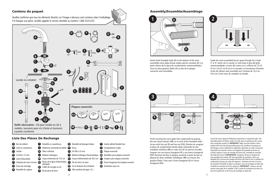 Assembly/ensamble/assemblage, Liste des pièces de rechange contenu du paquet | Rubbermaid Milano Automatic Faucet User Manual | Page 3 / 10