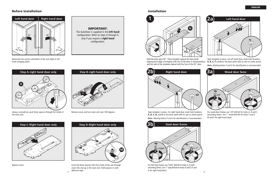 Ed a, Before installation, Important | Installation, Steel door frame, Right hand door, Left hand door right hand door, 21 step b–right hand door only, Step c–right hand door only, Step d–right hand door only | Rubbermaid 1800384 User Manual | Page 3 / 8