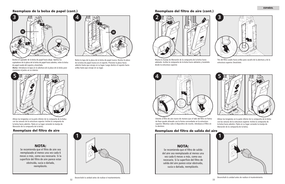 Nota, Reemplazo del filtro de salida del aire | Rubbermaid 9VPHEF12 User Manual | Page 17 / 28