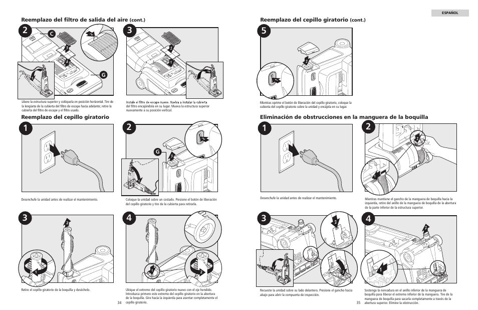 Greemplazo del cepillo giratorio, Reemplazo del cepillo giratorio, Reemplazo del ﬁltro de salida del aire | Rubbermaid 9VPHEF12 User Manual | Page 18 / 28