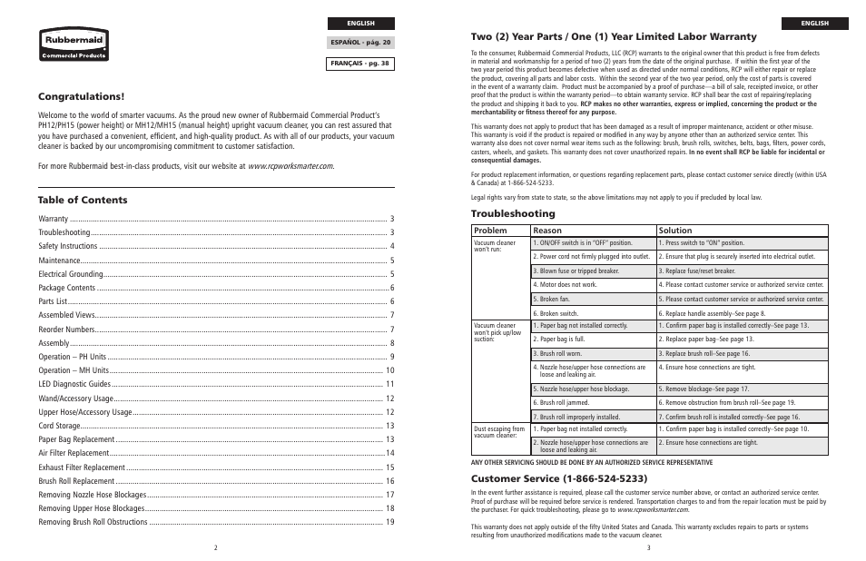 Troubleshooting | Rubbermaid 9VPHEF12 User Manual | Page 2 / 28