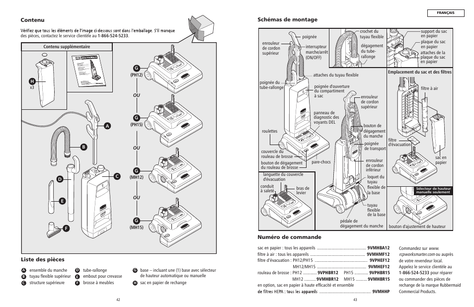Liste des pièces contenu, Schémas de montage, Numéro de commande | Brosse à meubles, Sac en papier de rechange | Rubbermaid 9VPHEF12 User Manual | Page 22 / 28