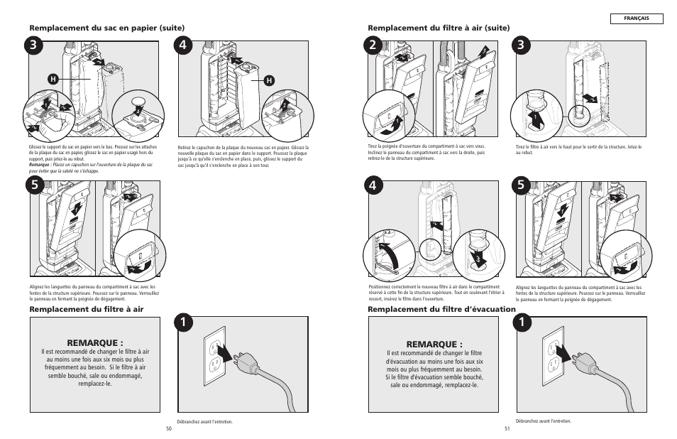 Remarque, Remplacement du filtre d’évacuation | Rubbermaid 9VPHEF12 User Manual | Page 26 / 28