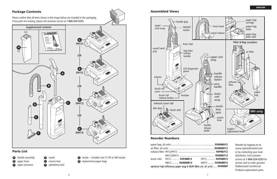 Parts list package contents, Assembled views, Mh only | Reorder numbers, Lower cord wrap carry handle handle release button, Upper cord wrap, Upholstery tool, Replacement paper bags, Wheels | Rubbermaid 9VPHEF12 User Manual | Page 4 / 28