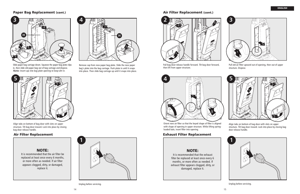 Air filter replacement, Paper bag replacement, Exhaust filter replacement | Rubbermaid 9VPHEF12 User Manual | Page 8 / 28