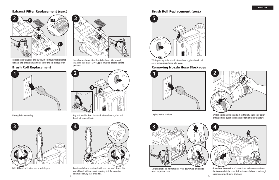 Removing nozzle hose blockages, Gbrush roll replacement, Brush roll replacement | Exhaust filter replacement | Rubbermaid 9VPHEF12 User Manual | Page 9 / 28