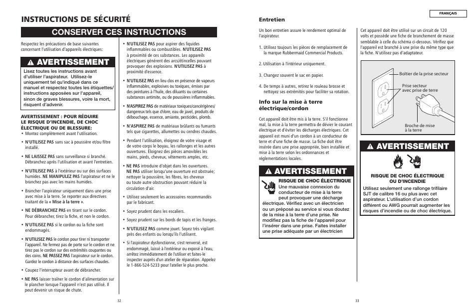 Conserver ces instructions, Avertissement, Instructions de sécurité | Rubbermaid 9VULPB12 User Manual | Page 17 / 22