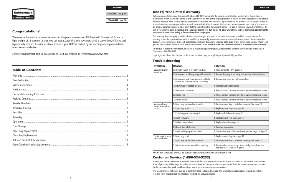 One (1) year limited warranty, Troubleshooting | Rubbermaid 9VULPB12 User Manual | Page 2 / 22