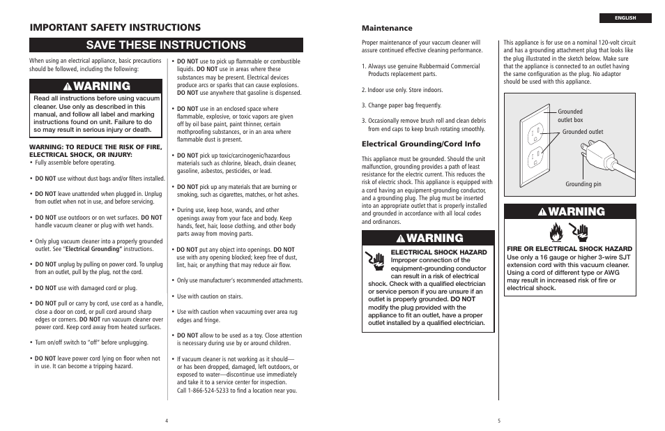 Save these instructions, Warning, Important safety instructions | Rubbermaid 9VULPB12 User Manual | Page 3 / 22