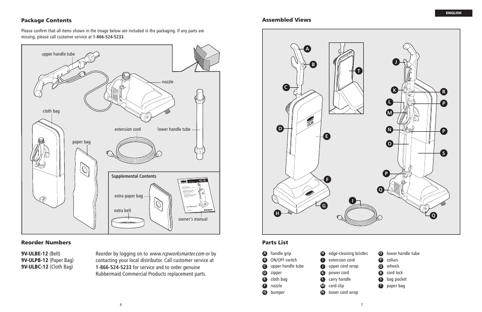Package contents, Assembled views, Edge-cleaning bristles | Rubbermaid 9VULPB12 User Manual | Page 4 / 22