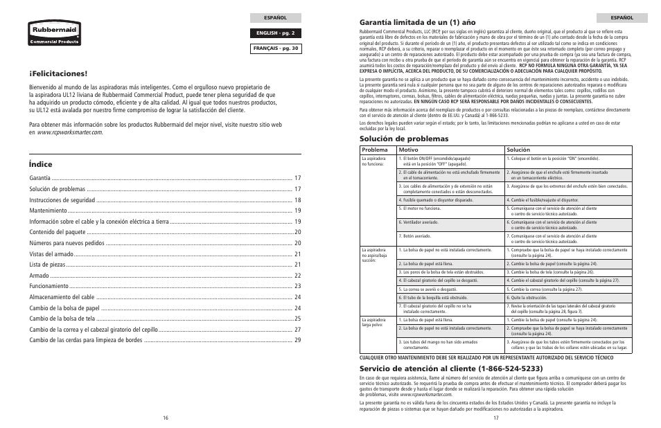 Índice ¡felicitaciones, Garantía limitada de un (1) año, Solución de problemas | Rubbermaid 9VULPB12 User Manual | Page 9 / 22