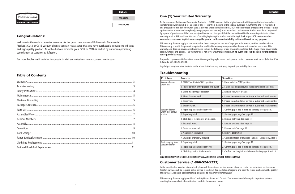 One (1) year limited warranty, Troubleshooting | Rubbermaid 9VCVPB12 User Manual | Page 2 / 7