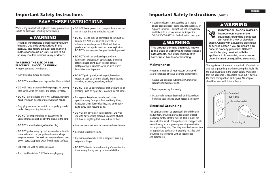 Warning, Save these instructions, Warning warning | Important safety instructions | Rubbermaid 9VCVPB12 User Manual | Page 3 / 7
