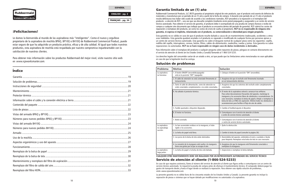 Índice ¡felicitaciones, Garantía limitada de un (1) año, Solución de problemas | Rubbermaid 9VBHHP10 User Manual | Page 10 / 25
