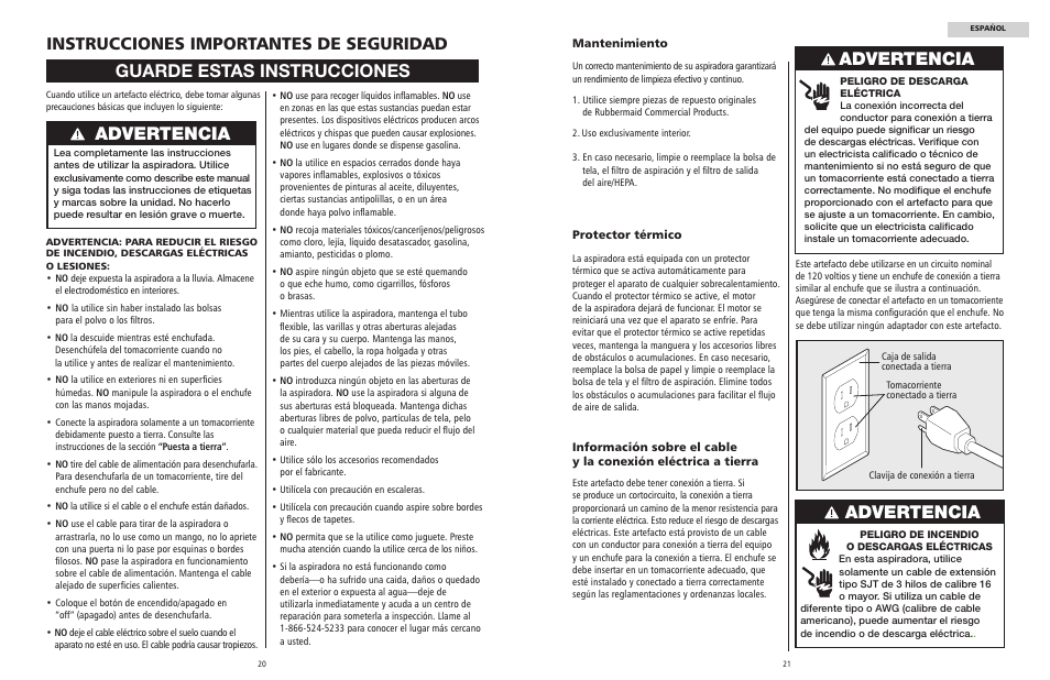 Guarde estas instrucciones, Advertencia, Instrucciones importantes de seguridad | Rubbermaid 9VBHHP10 User Manual | Page 11 / 25