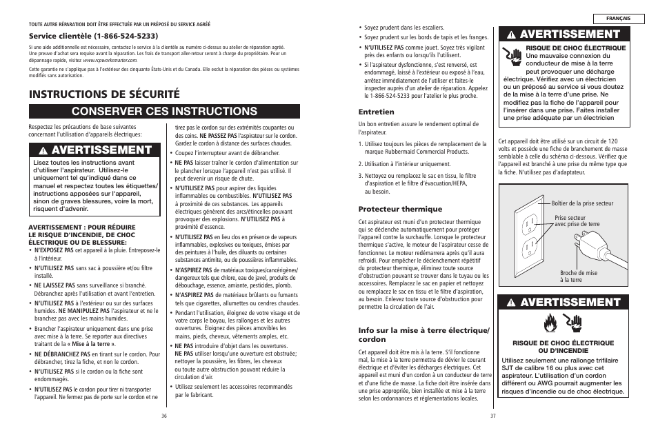 Conserver ces instructions, Avertissement, Instructions de sécurité | Rubbermaid 9VBHHP10 User Manual | Page 19 / 25