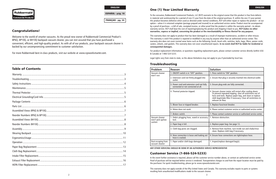 One (1) year limited warranty, Troubleshooting | Rubbermaid 9VBHHP10 User Manual | Page 2 / 25