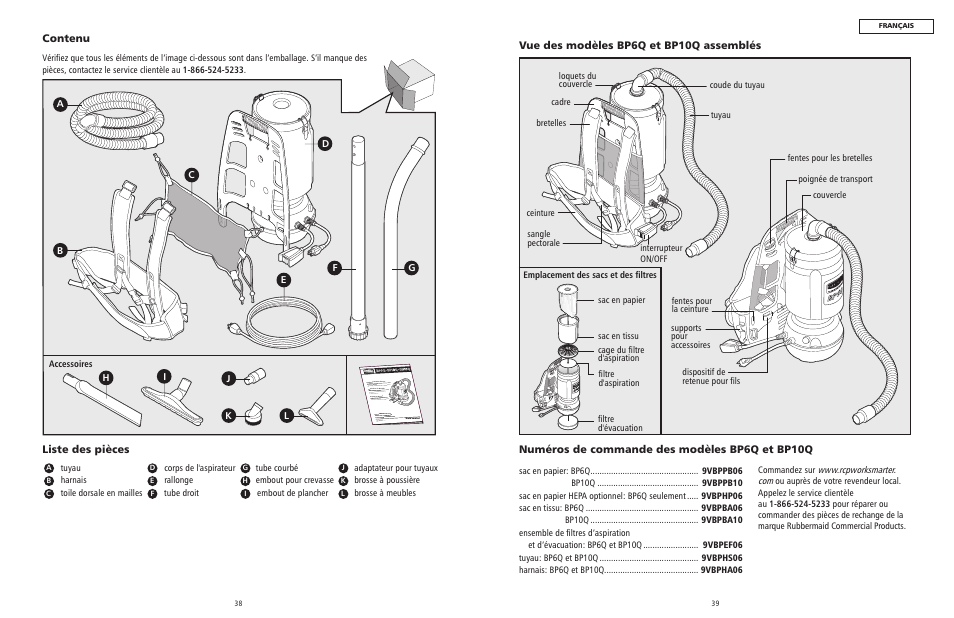 Liste des pièces, Contenu, Accessoires | Tube droit, Adaptateur pour tuyaux brosse à poussière, Embout de plancher, Brosse à meubles | Rubbermaid 9VBHHP10 User Manual | Page 20 / 25