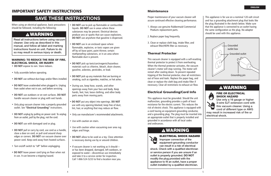 Warning, Save these instructions, Important safety instructions | Rubbermaid 9VBHHP10 User Manual | Page 3 / 25