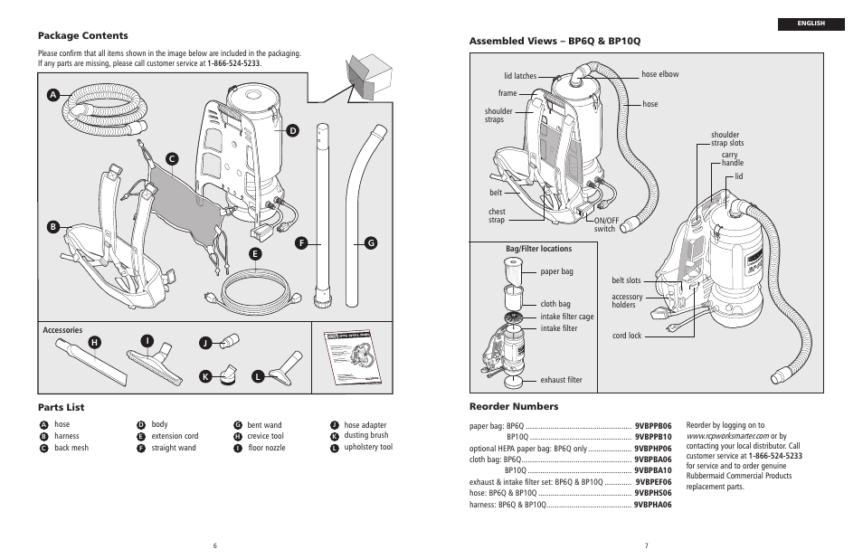 Assembled views – bp6q & bp10q parts list, Reorder numbers, Package contents | Accessories, Straight wand, Hose adapter dusting brush, Floor nozzle, Upholstery tool | Rubbermaid 9VBHHP10 User Manual | Page 4 / 25