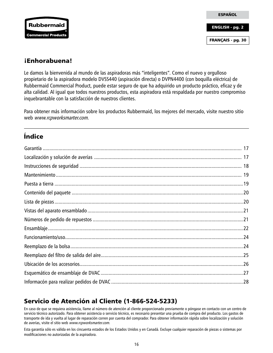 Índice ¡enhorabuena | Rubbermaid 9VDVRC44 User Manual | Page 16 / 44