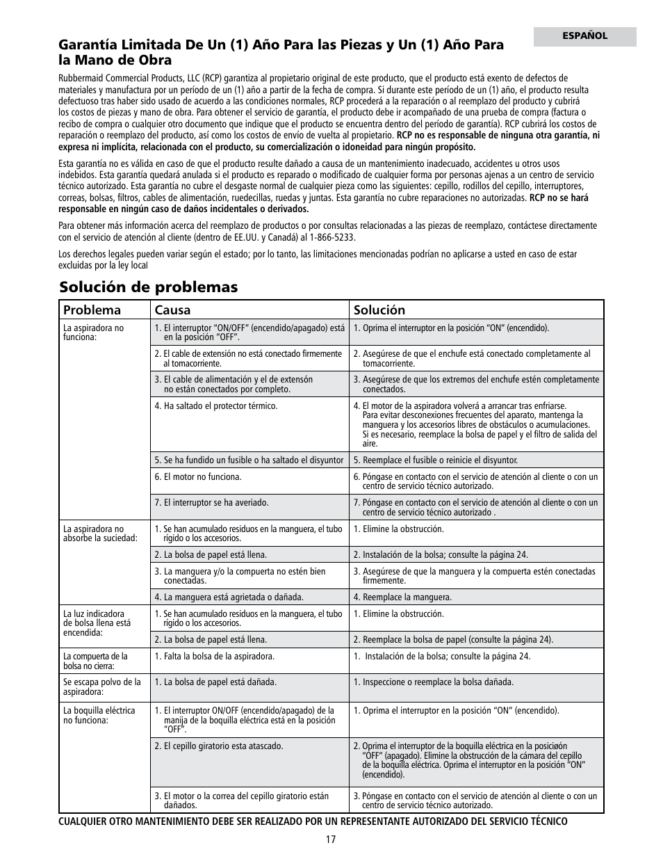 Solución de problemas, Problema causa solución | Rubbermaid 9VDVRC44 User Manual | Page 17 / 44