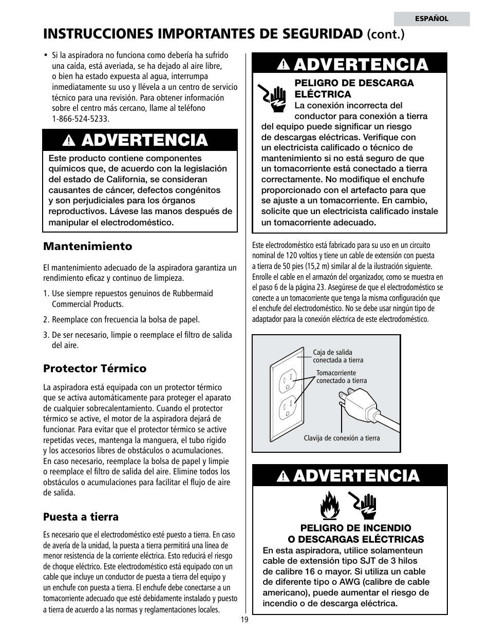 Advertencia, Instrucciones importantes de seguridad, Cont.) | Rubbermaid 9VDVRC44 User Manual | Page 19 / 44