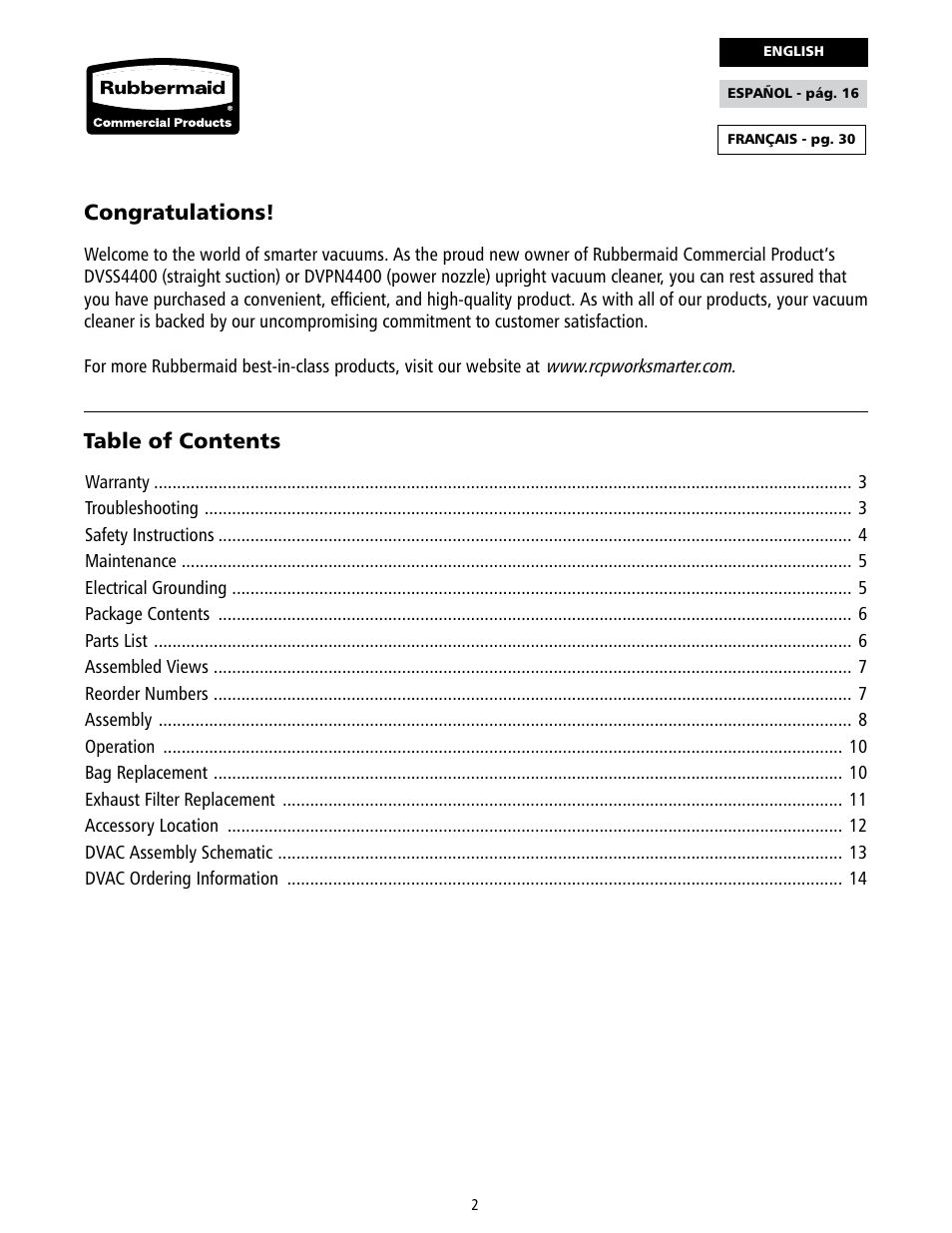 Rubbermaid 9VDVRC44 User Manual | Page 2 / 44